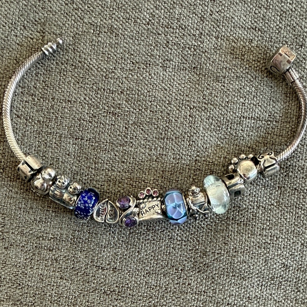 Pandora Silver Bracelet with Blue and Purple Charms